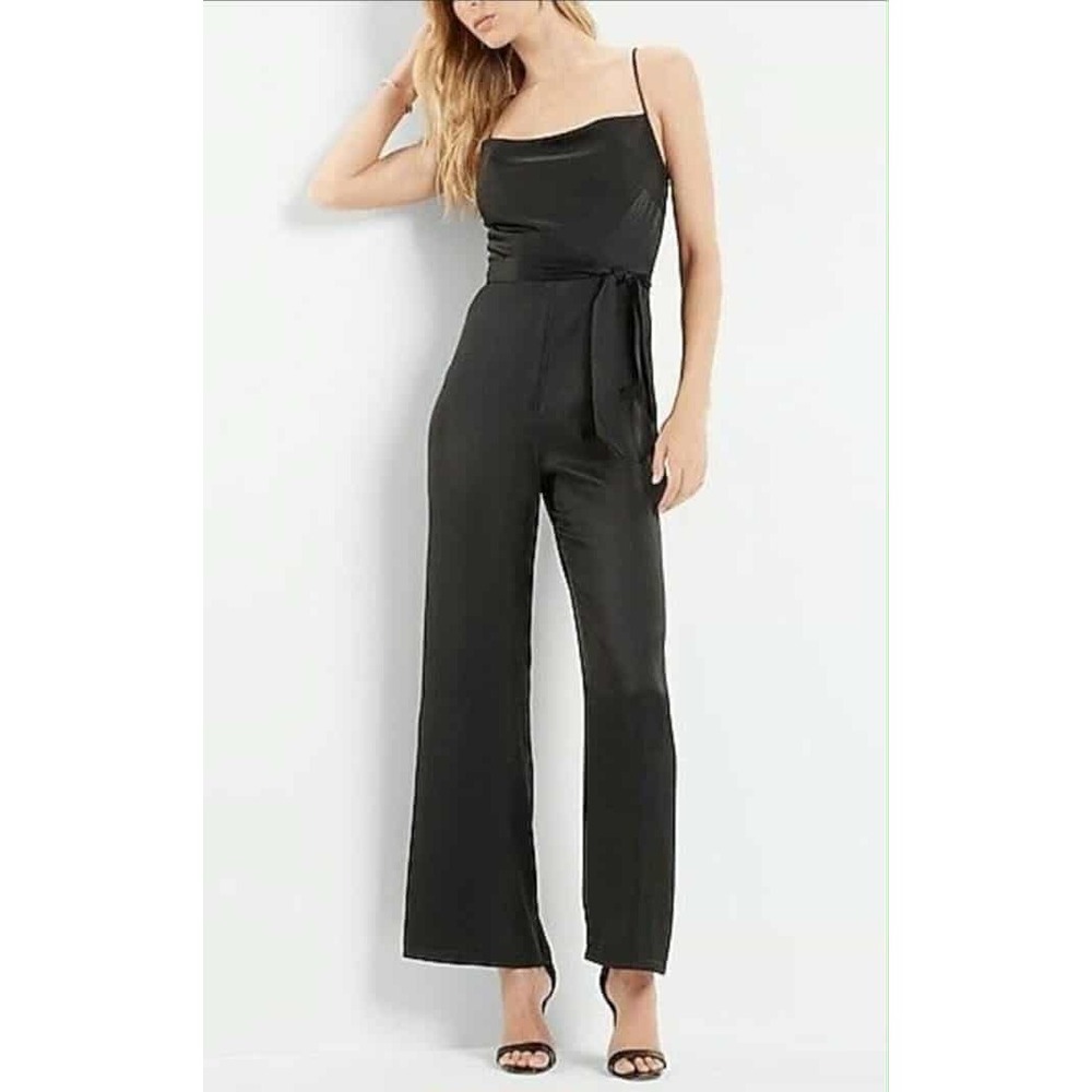 Express Black Satin‎ Cowl Neck Wide Leg Tie Waist Spaghetti Strap Jumpsuit